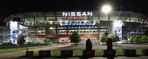 Night view of Nissan Stadium in Nashville, home of the Tennessee Titans.